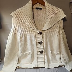 Chunky Knit Cardigan Neutral Ivory Boxy Cozy Fall Pockets Womens M Cottagecore